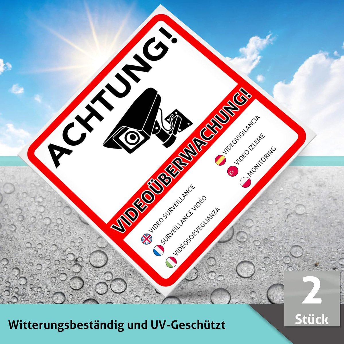 2 stuks Let op videobewaking premium stickers – bord – sticker | waarschuwingsbord – waarschuwingsbord voor met camera videobewaakt object – huis – terrein | kras- weerbestendig 10 x 10 cm