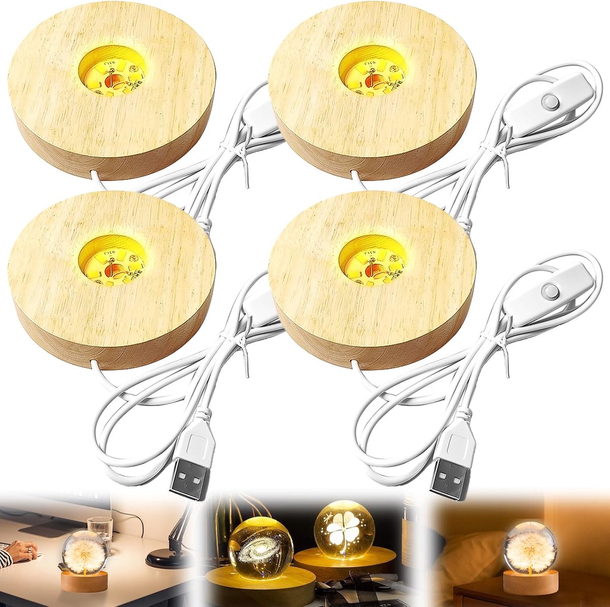 4 Stuks Houten Sokkels, 3 Kleuren, Instelbare LED-Verlichting, USB, Ronde Standaard Voor Display, Kristal, Glas, Acryl