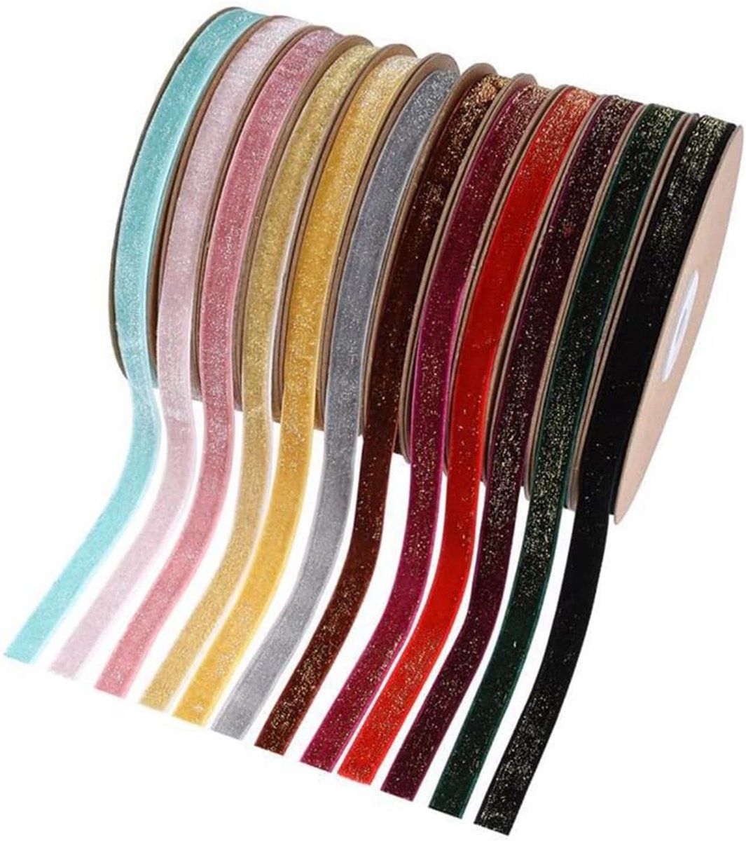 10 m/rol 1 cm glitter fluwelen lint, eenzijdig fluweel