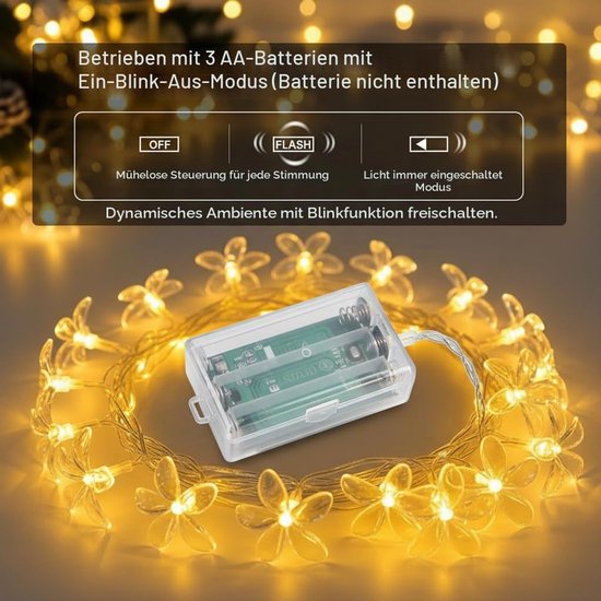 3M LED Bloemvormige Lichtsnoeren - 20 Warme Wit Lichtjes - Decoratieve Vlinderlampjes - Werkt op batterijen (batterij niet inbegrepen) - Sfeervolle Slinger voor Slaapkamer, Zomertuin, Bruiloft, Feest & Kerst - Voor Binnen & Buiten - Magische Sfeer — afbeelding 4