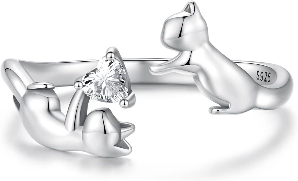 Ringen, 925 zilver, kat, verstelbaar, open, kat, dier, met kubische