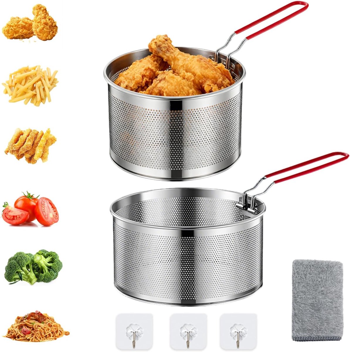 Set van 2 roestvrijstalen frituurmanden (18 + 20 cm) met afneembare handgreep, veelzijdig als pastazeef, frituurzeef en zeefmand voor friet, groenten en pasta, ruimtebesparend