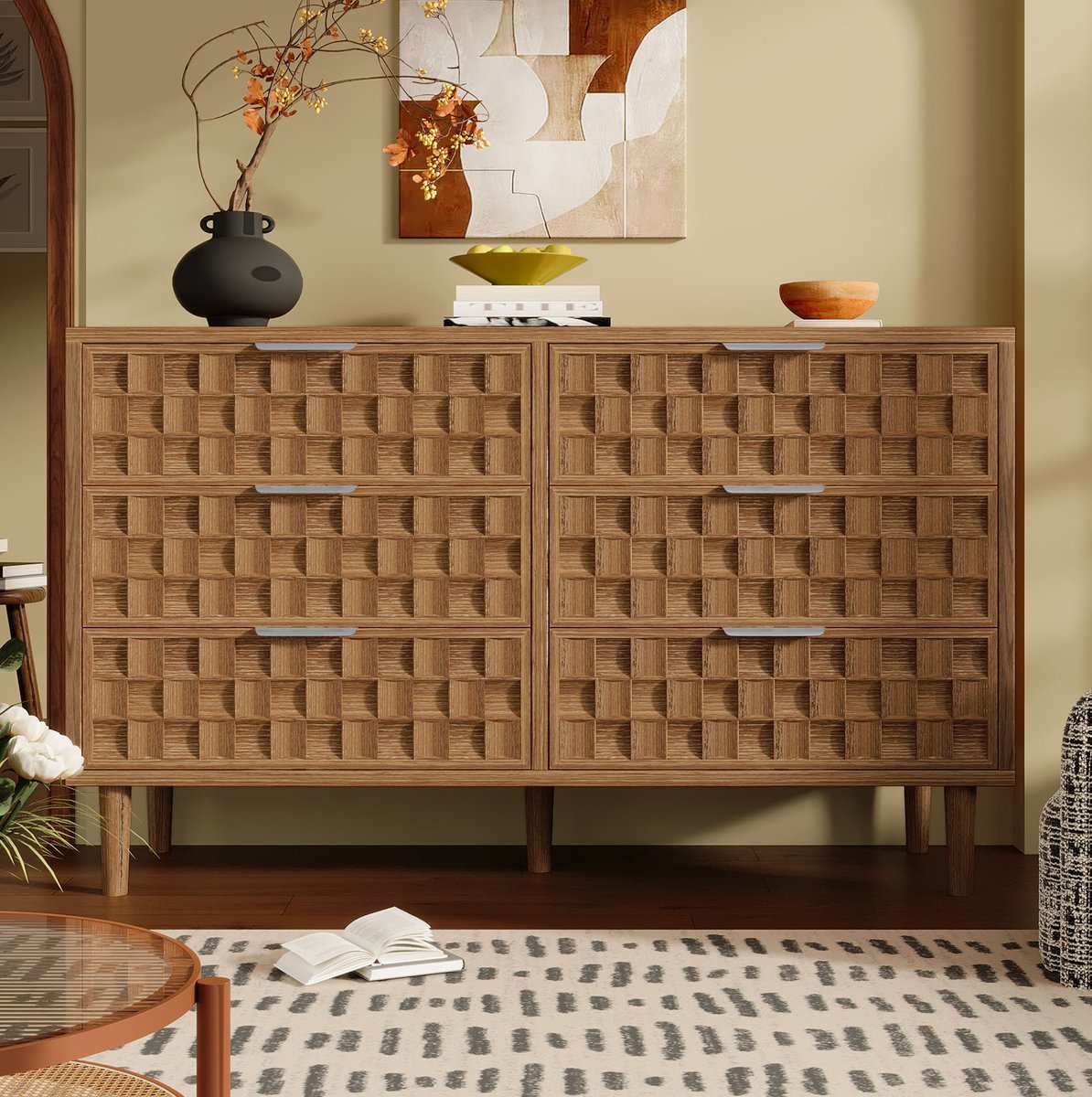 MIVRAY Dressoir - 6 Lades Met Wafelstructuur En Metalen Handgrepen - Retro Opbergkast Voor Woonkamer, Slaapkamer En Hal - Oak - 120x37x77 Cm