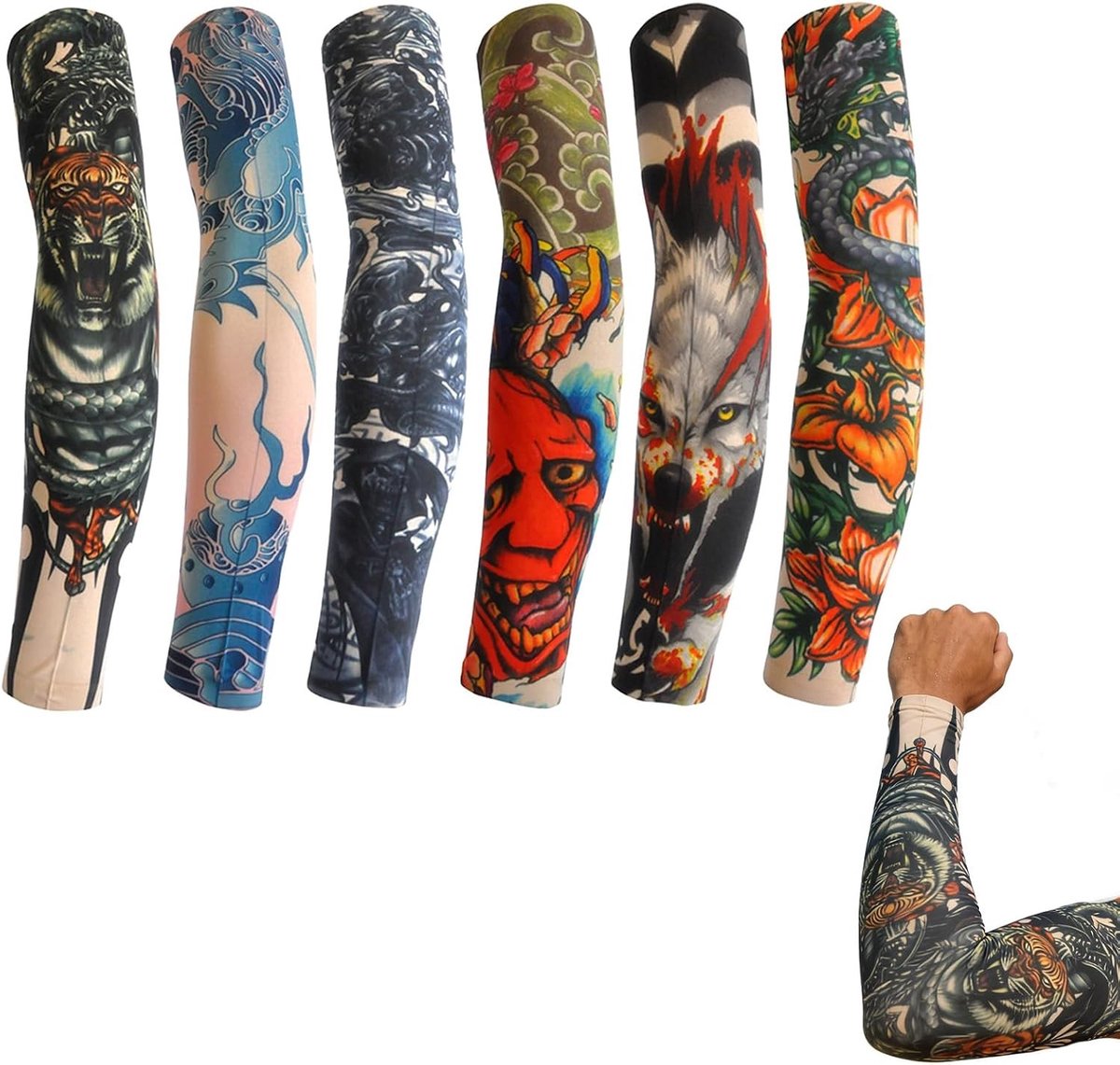 Set van 6 Neppatattoo Mouwen voor Mannen, Arm Sleeves met UV Bescherming voor Kinderen en Volwassenen, Ideaal voor Feestjes en Kostuums