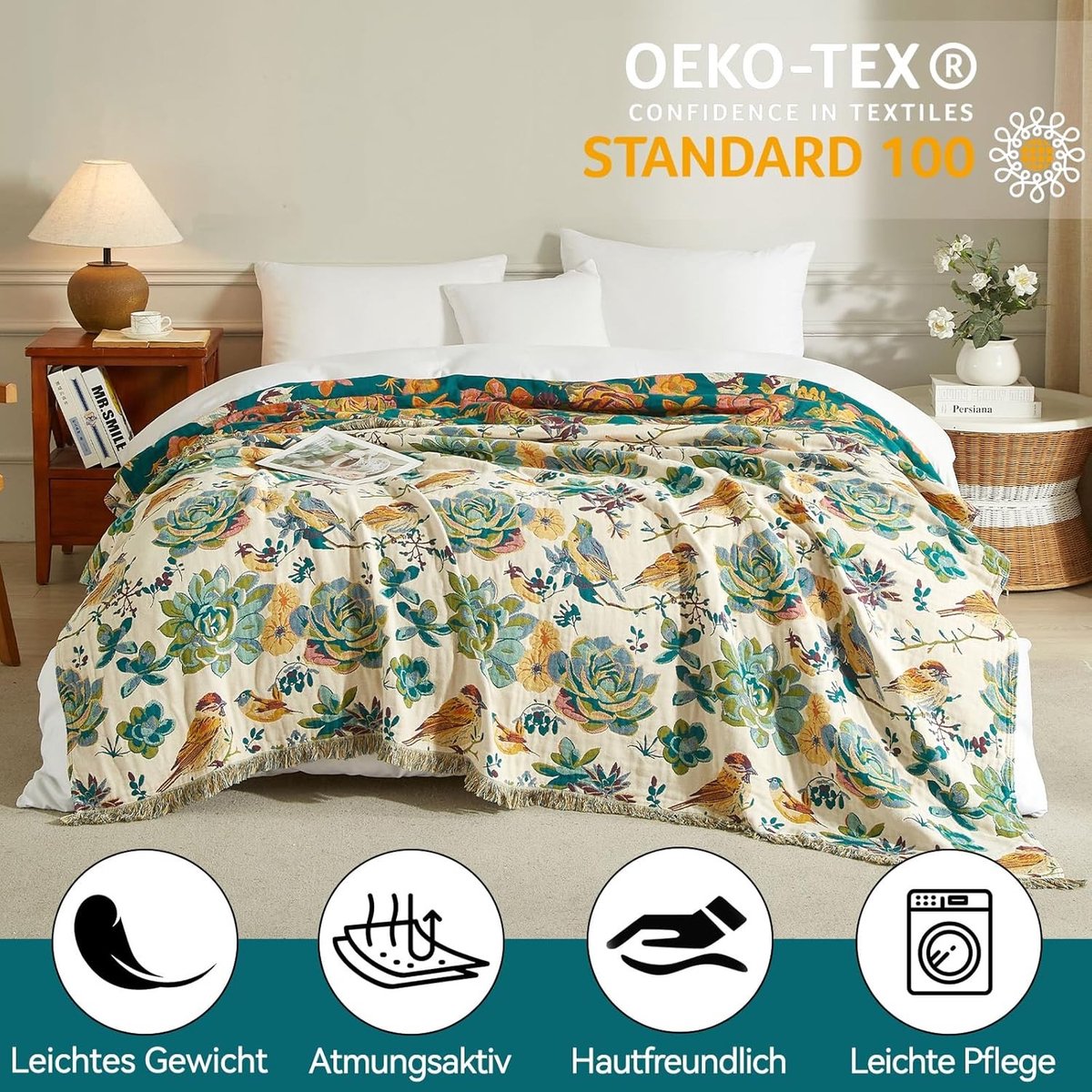 Boho Bedspread van 100% Katoen, Dubbelzijdige Muslin Dekbedovertrek, 150x200cm, Perfect voor Sofa en Bed, Gezellige Dekens met Franje