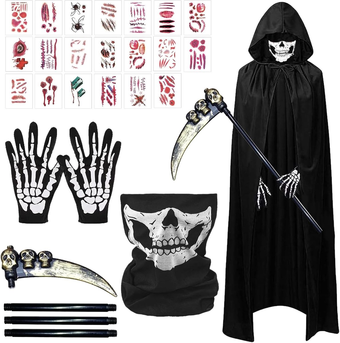 Halloween Kostuum met Zwarte Cape, Skeletmasker, Handschoenen en Tattoos voor Creepy Cosplay en Decoratie