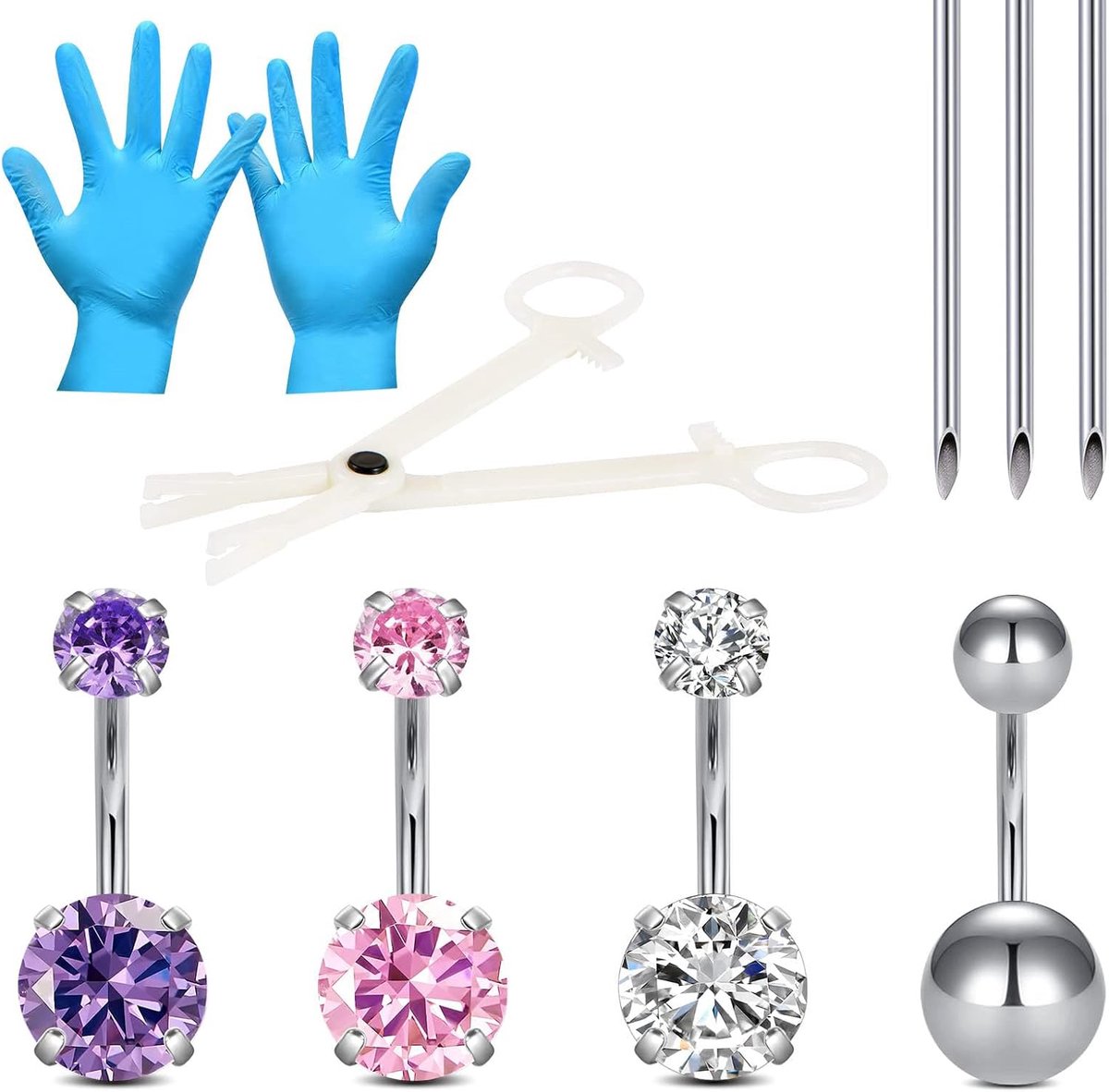 10 stuks piercingset, navelpiercingset met piercingpistool, extra 13G 14G piercingnaalden met 316L chirurgisch roestvrij stalen buikstaafje voor buik, navel, septum, neus, /tongpiercing