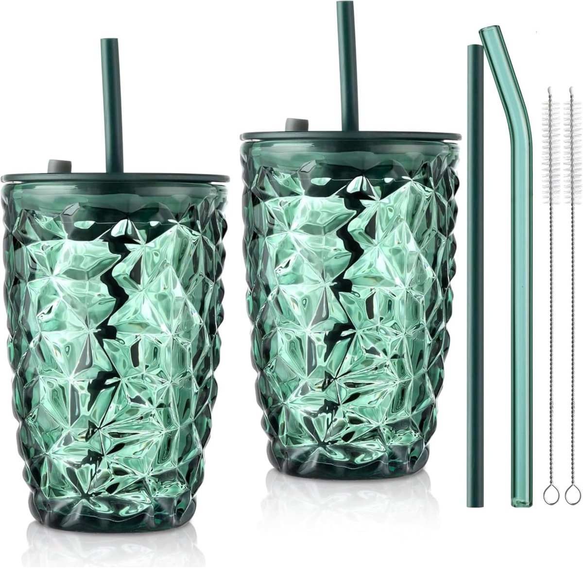 430ml groene drinkbeker met deksel,glazen bubbeltheekop, drinkglazen diamantontwerp, gekleurde ijskoffieglazen kopjes, draagbaar smoothiesap boba waterbeker, set van 2, vaatwasmachinebestendig