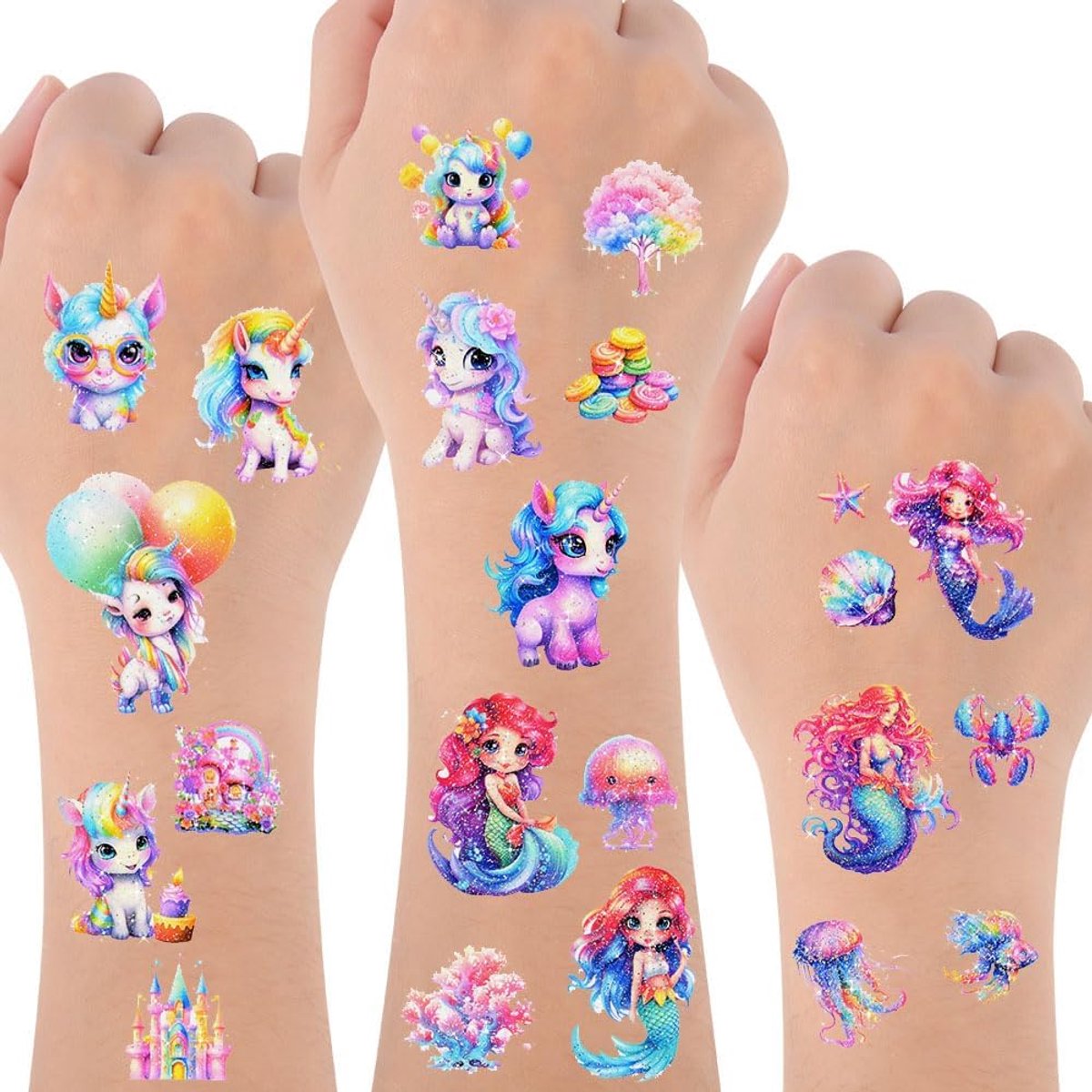 Tijdelijke tattoo voor kinderen, 24 vellen zeemeermin-eenhoorn tattoo stickers voor meisjes, waterdichte cartoon nep tattoo stickers, set als bedankjes voor verjaardagsfeestjes
