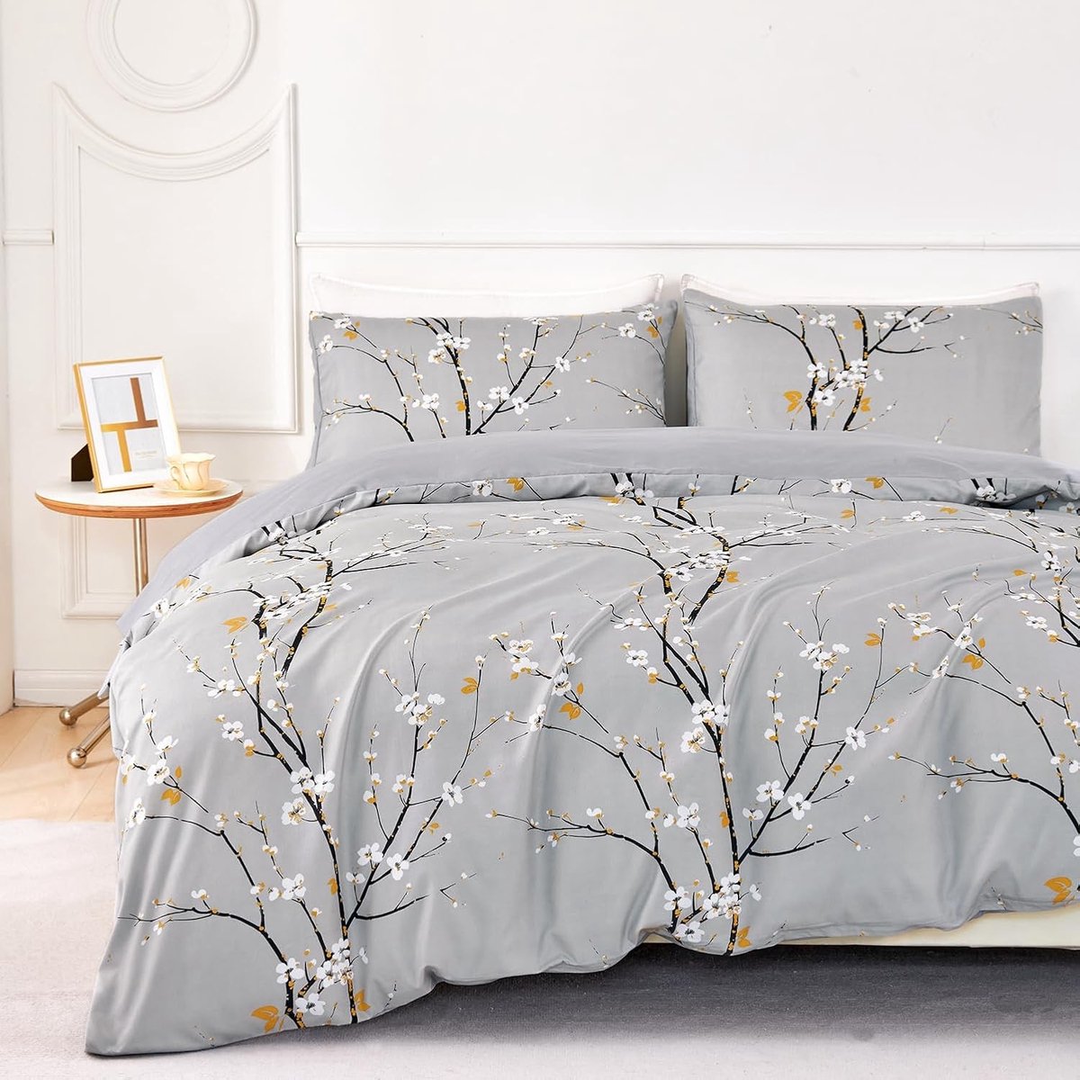 Duvet Cover Set met Bloemen en Takkenpatroon 220 x 240 cm, Inclusief 2 Kussenslopen 65 x 65 cm, Moderne Microvezel Bedlinnen met Rits, Grijs, Luxe Slaapkamer Decor