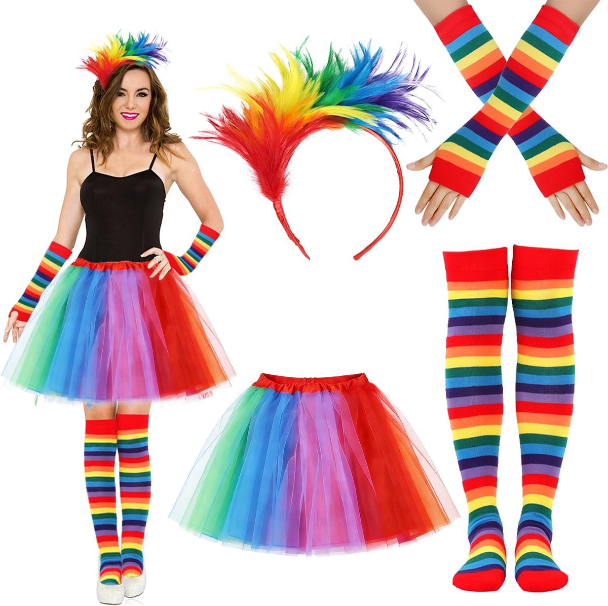 Kostuum jaren 80 voor dames, tutu-rok van tule, regenboogstrik