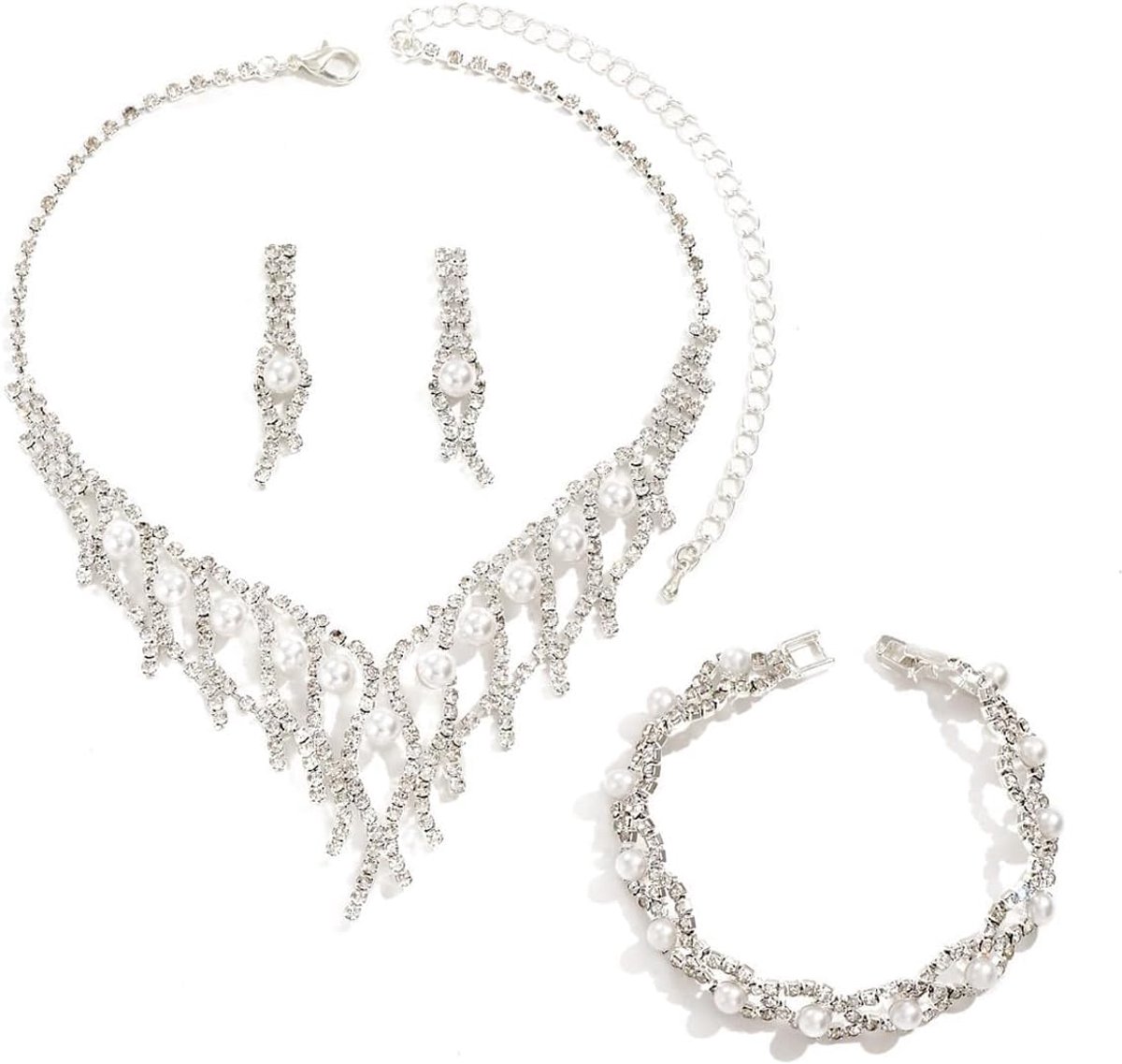 kristal, bruid, halsketting, zilver, vintage, strass, armband en oorbellen, sieradenset, bruiloft, feest