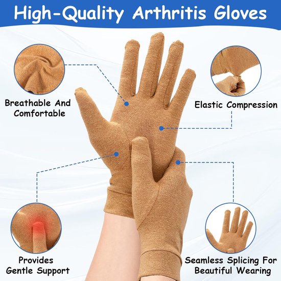 2 paar artrose-handschoenen voor dames en heren, volledige compressiehandschoenen, verlichting van artrose, Raynaud-ziekte en carpaal tunnelsyndroom (grijs + beige, XL) — afbeelding 3
