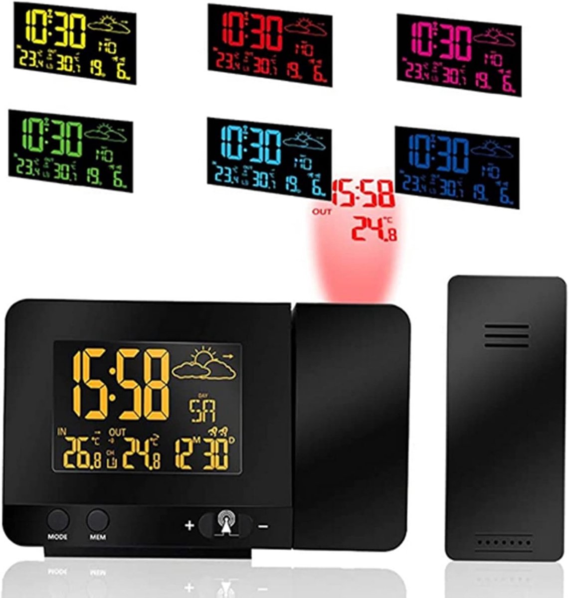 Digitale projectiewekker, binnen- en buitentemperatuur, weersvoorspelling, datumweergave voor 12/24 uur dagtijd, sluimerfunctie, USB-oplaadpoort, 8 kleuren achtergrondverlichting omschakelbaar