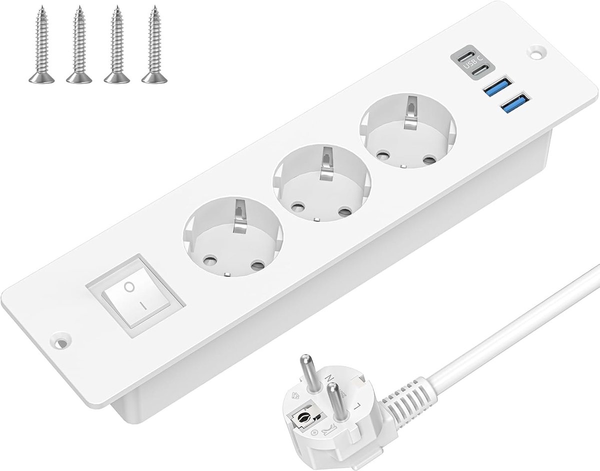 verzonken stopcontact met USB-C, 3-voudig inbouwstopcontact stekkerdoos met schakelaar, tafelstopcontact meervoudig stopcontact met 2 m kabel voor vergadertafel, werkblad, salontafel (wit)