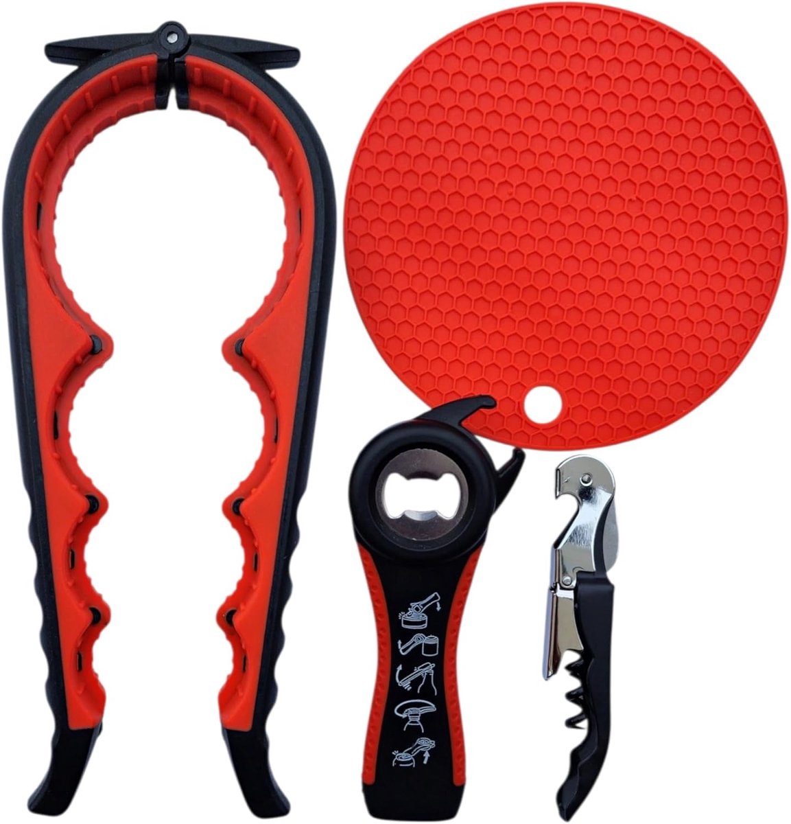 opener en flesopener, 4-in-1 set, voor schroefglazen, blikjes, wijnflessen, ergonomische handgreep voor senioren en artritis (zwakke handen) (rood-zwart)