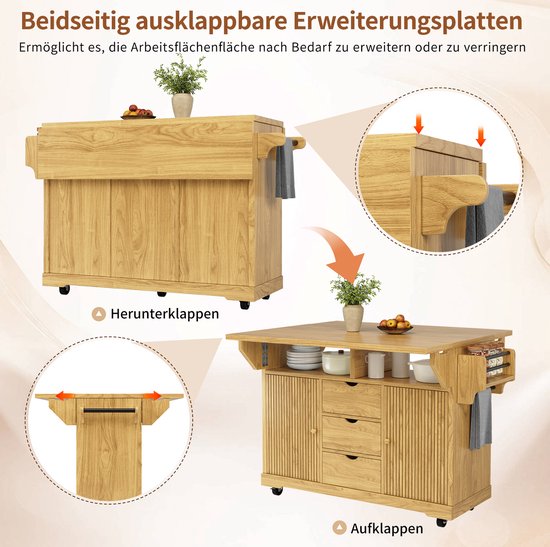 MIVRAY Keukeneiland - Verrijdbare Serveerwagen Met Uitklapbare Zijbladen En 3 Lades - Voor Keuken En Eetkamer - MDF En Metaal - Naturbruin — afbeelding 5