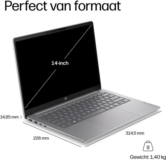 Zilverkleurige HP OmniBook 3 laptop van de zijkant, met afmetingen 14,85 mm, 226 mm, 314,5 mm en gewicht 1,40 kg.