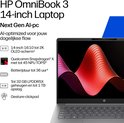 HP OmniBook 3 14-inch laptop met schermdetails en specificaties.