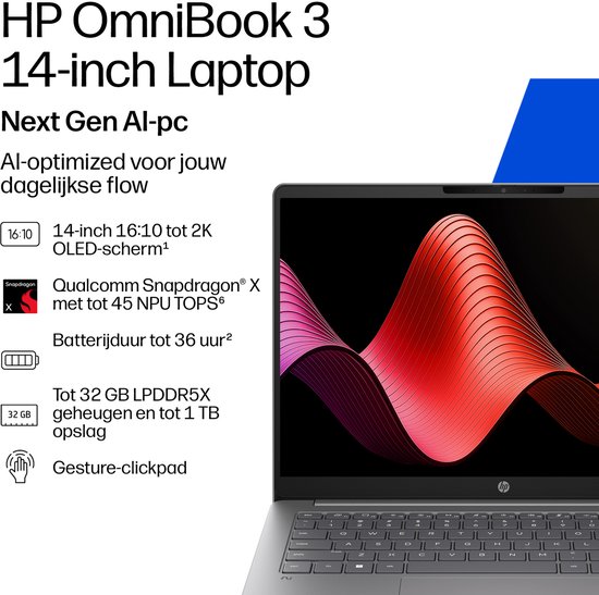 HP OmniBook 3 14-inch laptop met schermdetails en specificaties.