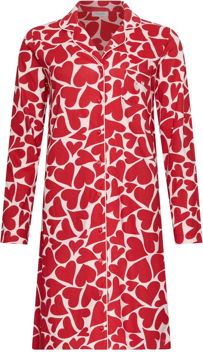 MyRebelle- Nachthemd - Endless Love - Bio Katoen - Doorknoop - Rood/Wit - Hartjes - Maat 38