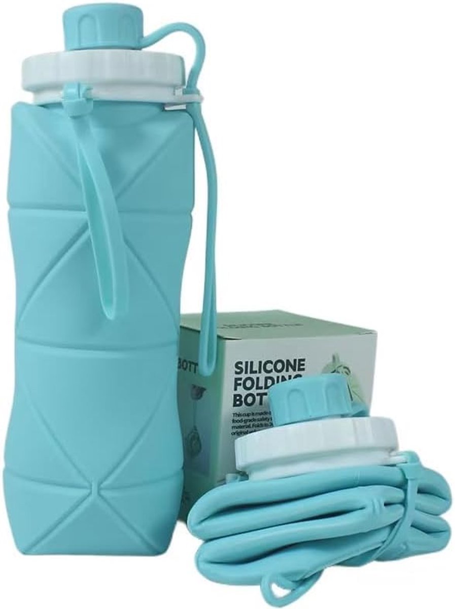 KZQ Opvouwbare waterfles 600 ml BPA-vrij siliconen - Lichtgewicht en lekvrij met draagkoord - Perfect voor outdoor reizen fietsen gym en kamperen - Blauw