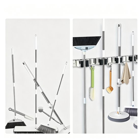 Wandrek voor gereedschap - 2-delige set - 5 clips, 4 haken - 43,2 cm - Hangende opbergplank - Geschikt voor tuingereedschap, bezems en andere benodigdheden - Inclusief montageschroeven - Roestvrij staal - Stevig en duurzaam - Zilver van Ruijingsky — afbeelding 4