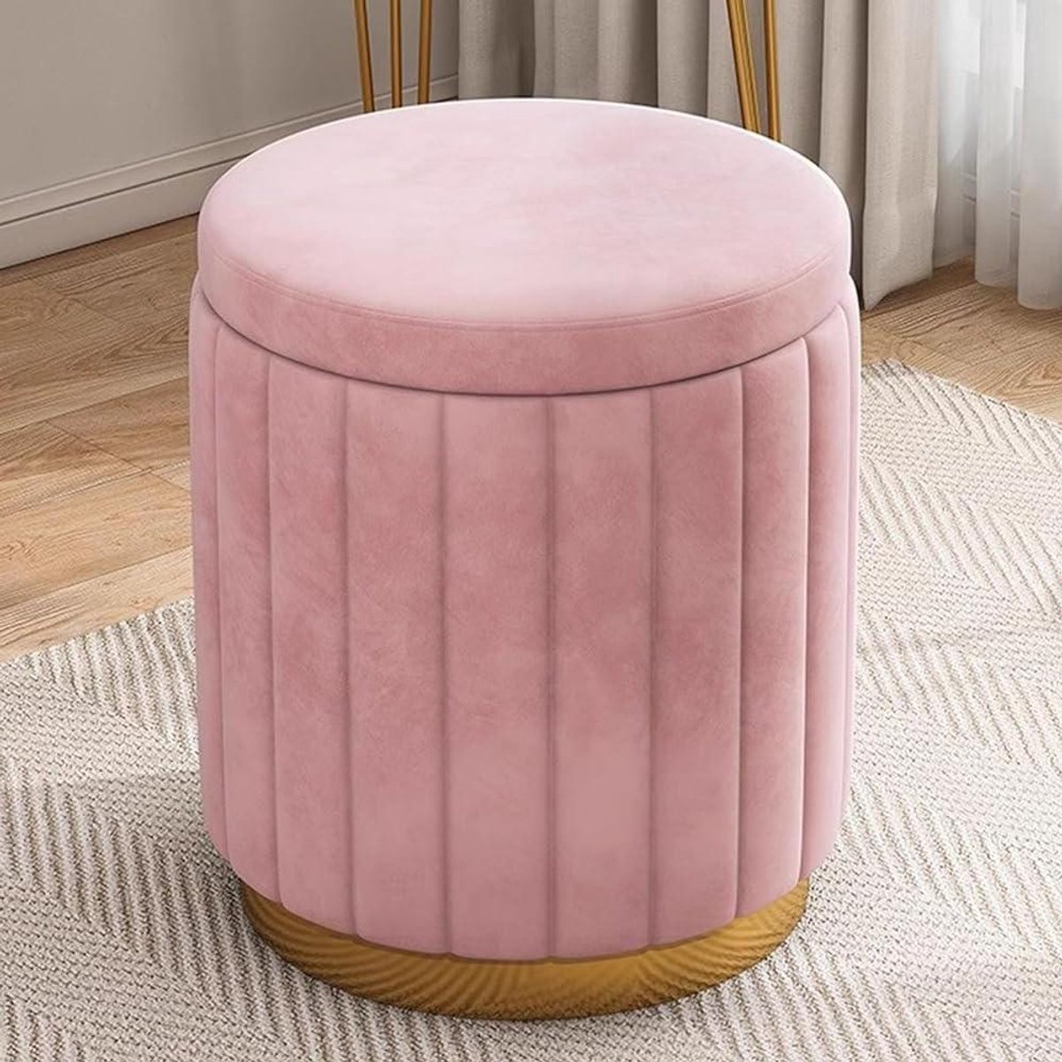 Ronde Opbergpoef - Fluwelen Ottomaan - Woonkamer Decoratie - Afneembaar Deksel - 34x34x43 cm - Roze