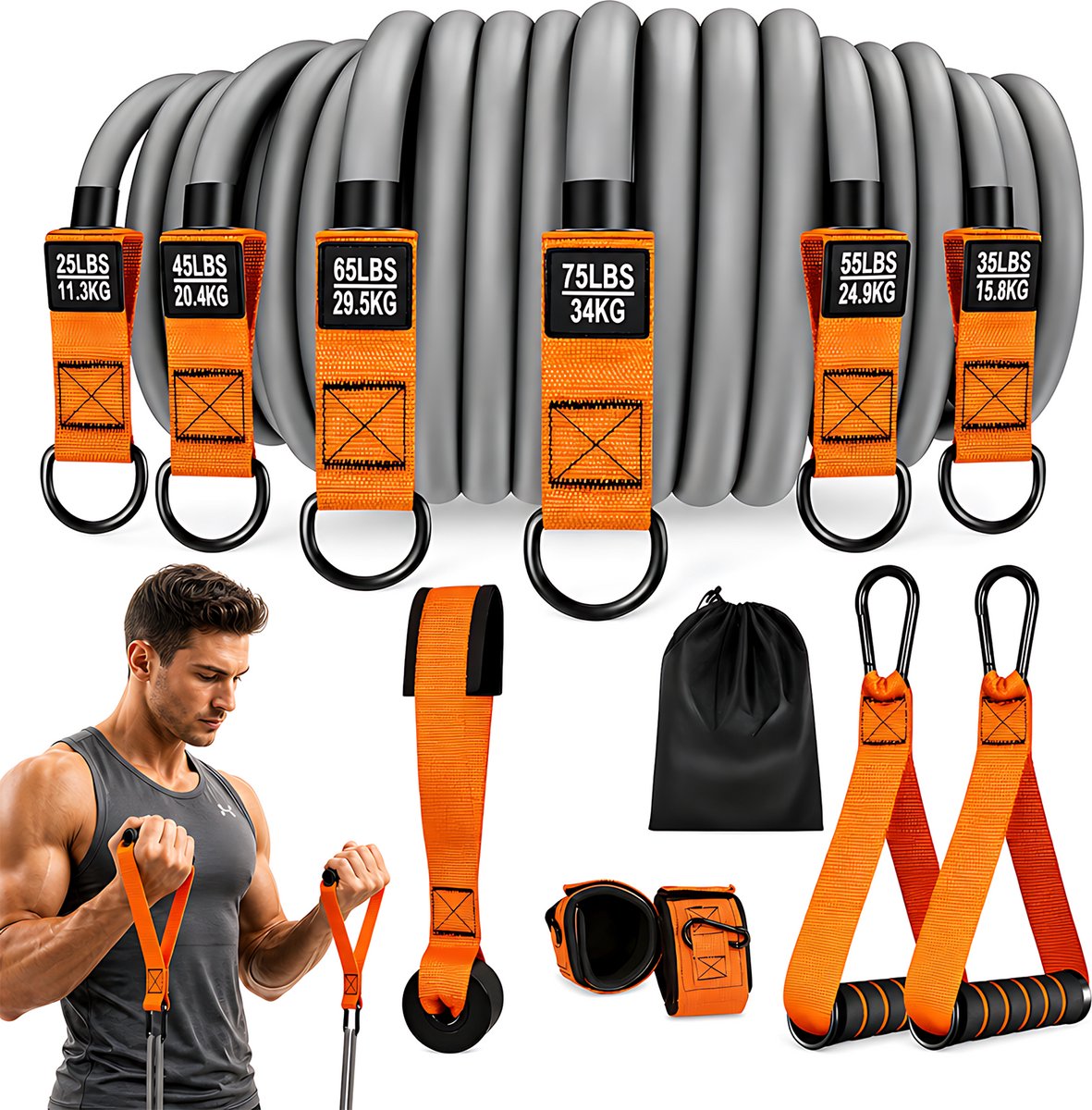 Weerstandsbandenset 300 lbs - 6 stapelbare fitnesselastieken - Met handgrepen, enkelbanden, deuranker en opbergtas - Voor krachttraining thuis