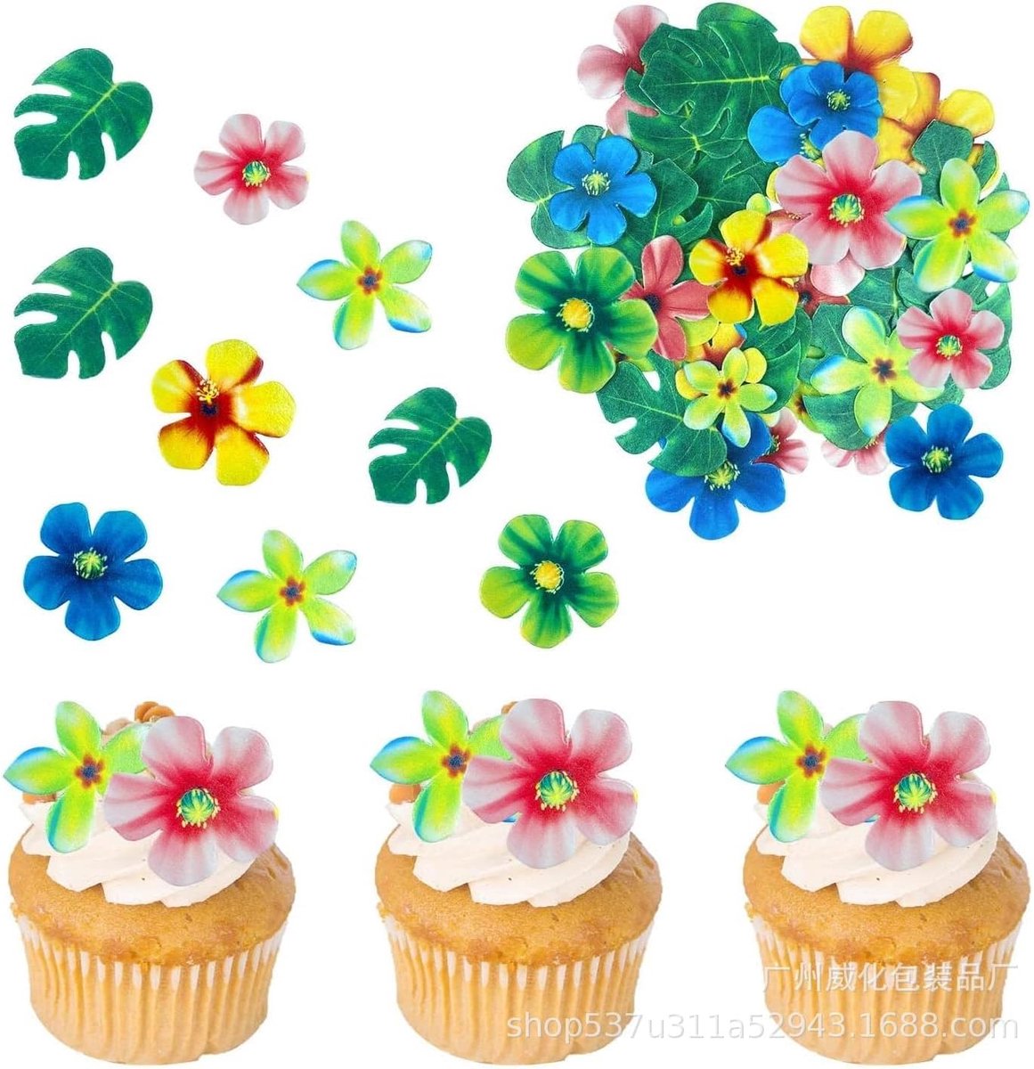 SnelShoppen - 83 Eetbare Tropische Palmbladeren en Hawaii Bloemen Cupcake Toppers, Eetbare Bloemen Cupcake Prikkers, Hawaii-Thema Taartdecoraties voor