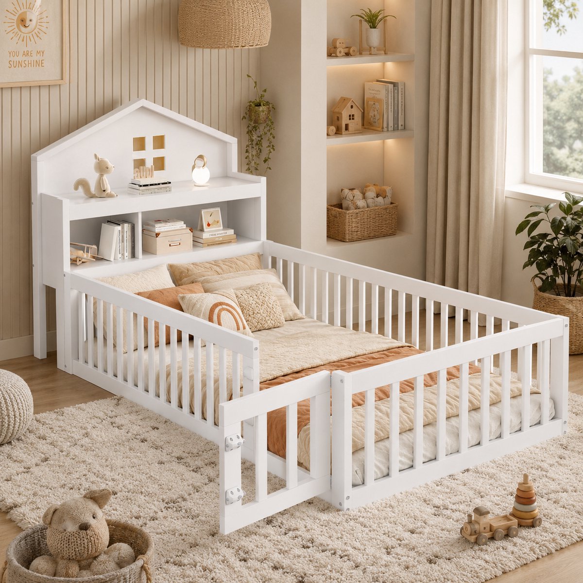 Kinderbed 90x200 cm - Eenpersoonsbed 90x200 cm - Vloerbed - Massief houten bedframe - Multifunctioneel bed - Met veiligheidsleuning - Met hoofdeinde - Met opbergruimte - Wit