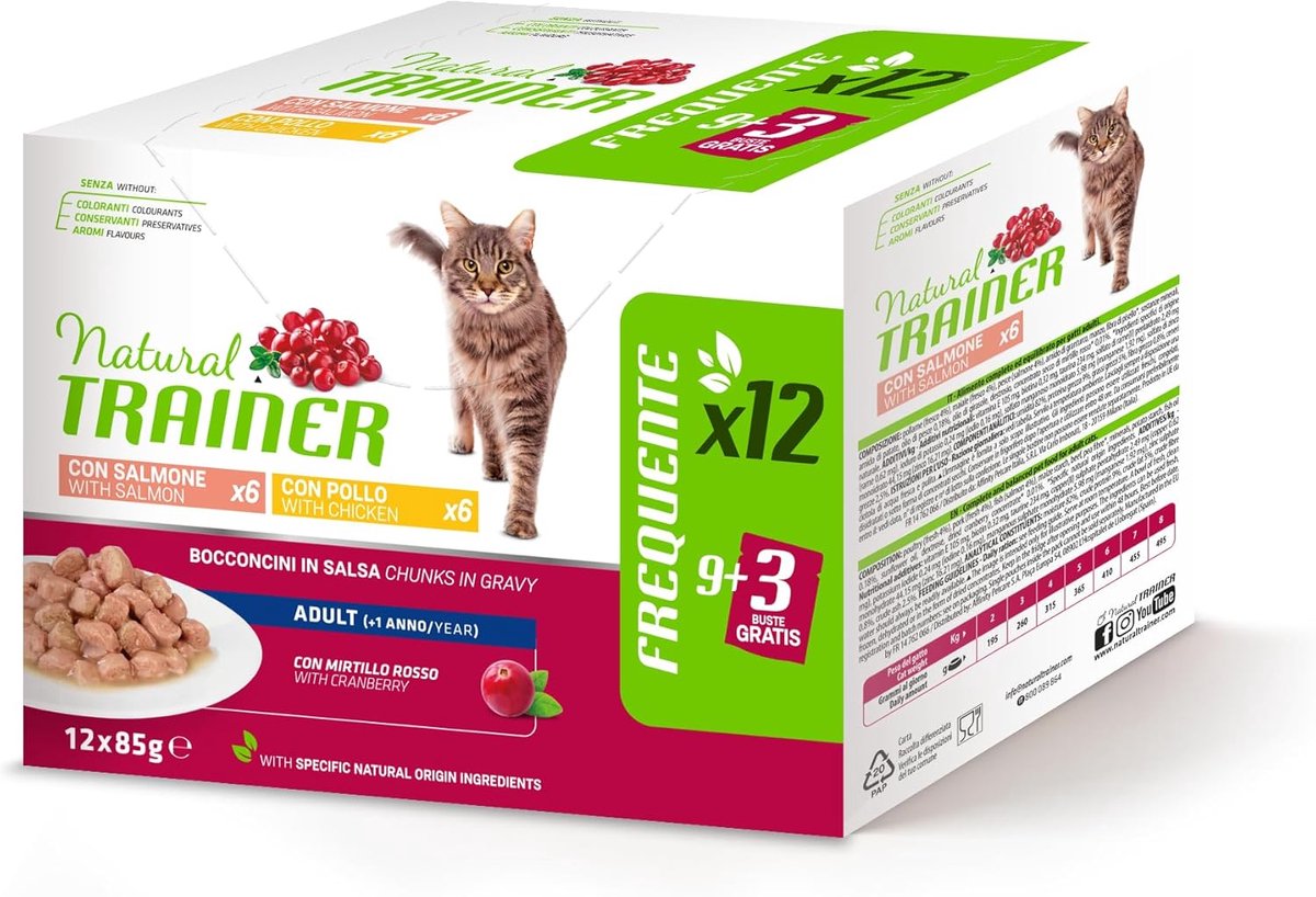 SnelShoppen - Trainer Natvoer voor Volwassen Katten Multipack Kip en Zalm, 12 x 85 g, Hoogwaardige Eiwitten, Gezonde Urinefunctie, Irresistibele Smaak