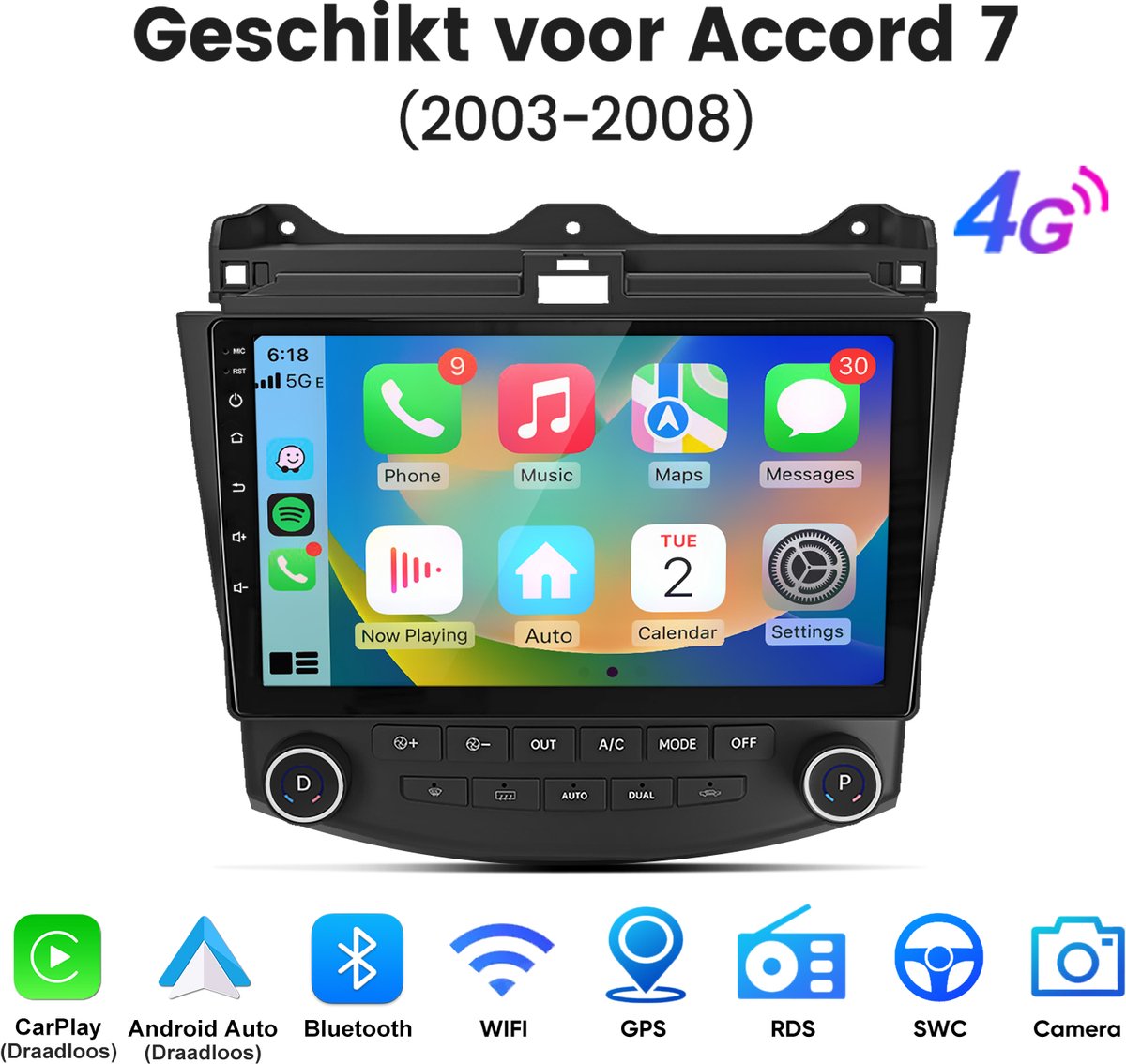 Junsun Android 15 Autoradio Geschikt Voor Honda Accord 7 VII (2003-2007) - 6GB+128GB - Draadloze CarPlay & Android Auto - GPS-Navigatiesysteem - Bluetooth - Stuurwielbediening - 10 inch Touchscreen - DSP - 4G - Octa-core processor