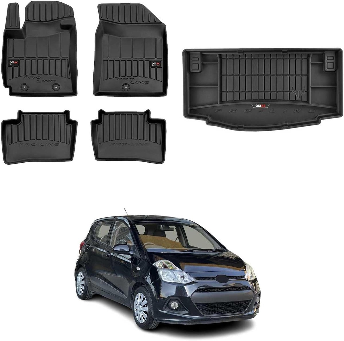 SnelShoppen - OMAC Automatten & Kofferbakmat Set voor Hyundai i10 2013-2019 Rubber Zwart 5X - Perfecte Bescherming voor Auto Interieur