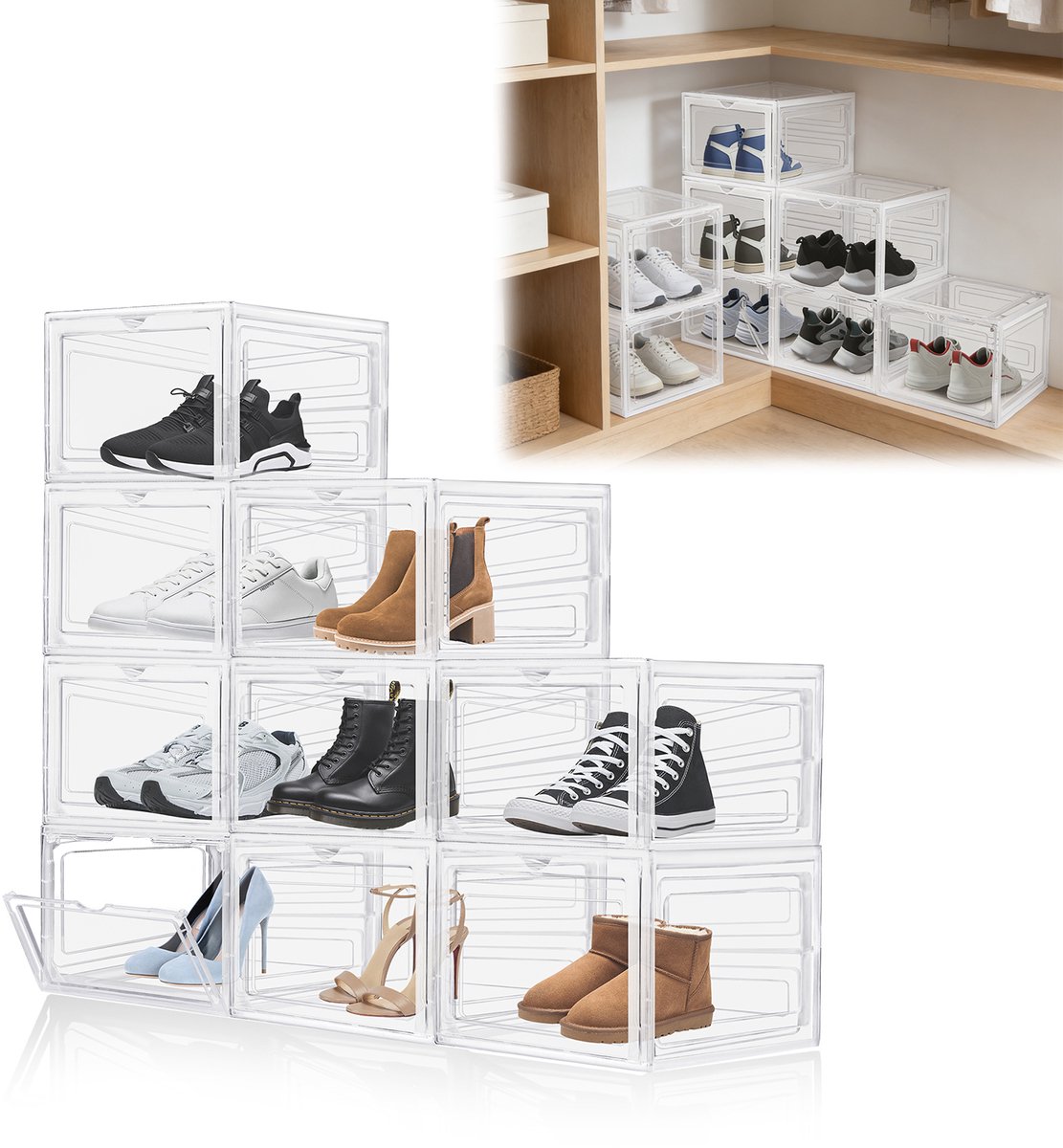 9 Stuks Transparante magnetische schoenendoos stapelbaar, plastic schoenopbergbox met klapdeur, ruimtebesparende schoenenkast voor hal, thuis, sneakers laarzen hakken