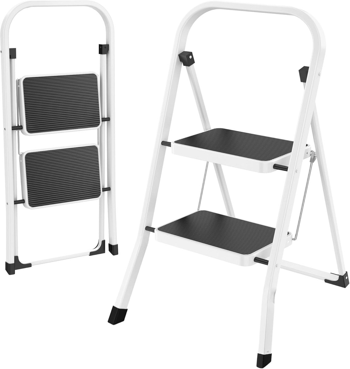 SnelShoppen - Opvouwbare Trap met 2 Treden - Huishoudtrap van Gelegeerd Staal, Antislip Treden, Draagvermogen 150 kg, Slechts 4,5 cm Dun, Geen Montage