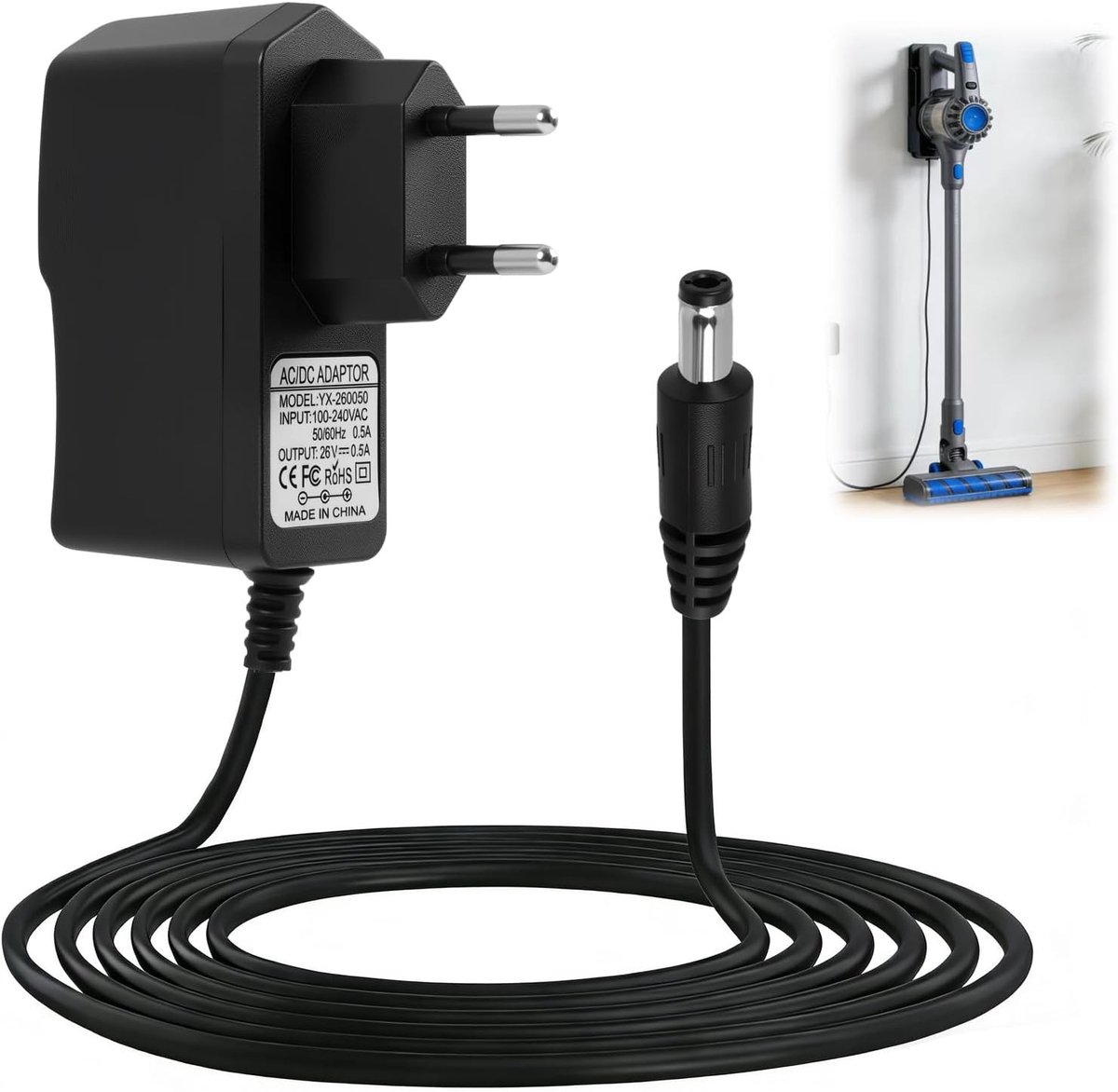 Oplaadkabel voor accustofzuigers van 1,8 m, vervangende voeding voor Hoover modellen, compatibel met H-Free 200, 500, 700 series en meer