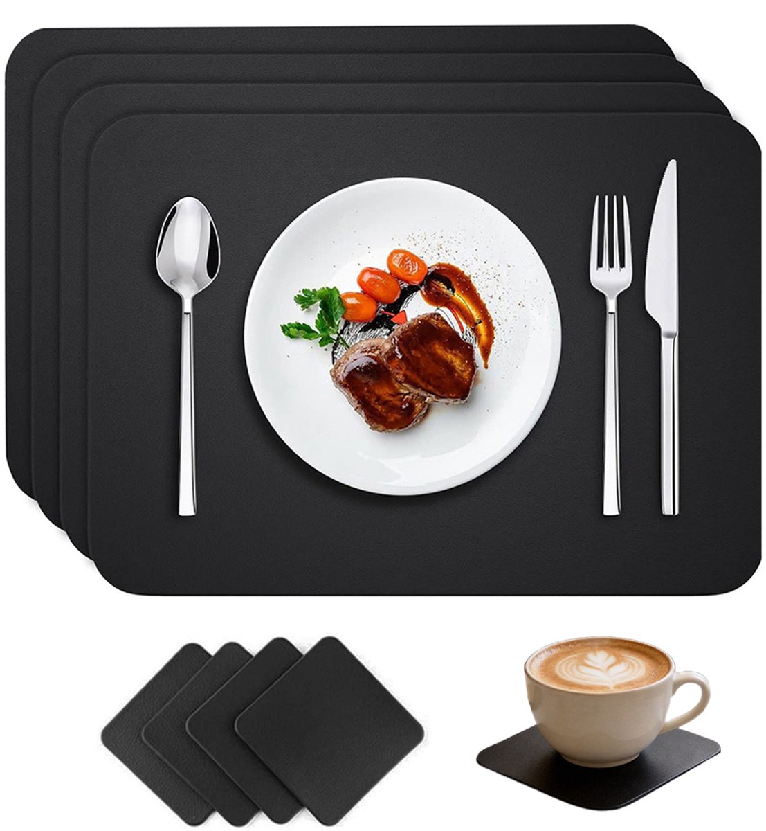 Set van vier leren placemats en onderzetters - Vierdelige set - Hittebestendige en antislip placemats - Placemats in westernstijl - Afmetingen placemat: 45*30 cm - Afmetingen onderzetter: 10*10 cm - PVC-materiaal - Waterdichte onderkant - Zwart