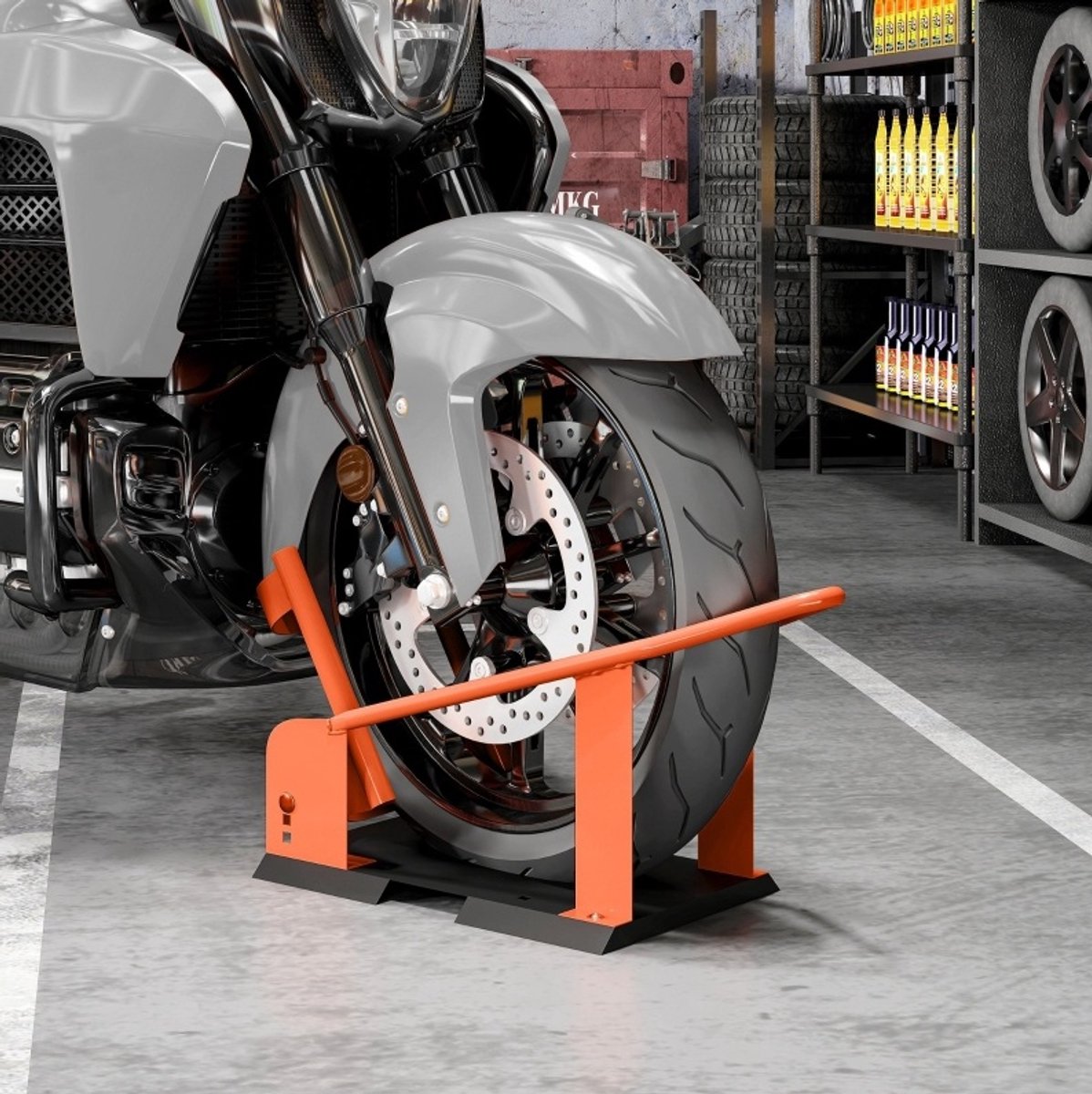 REDOM - Motorfiets voorwielstandaard - Verstelbare driehoogtestand - Voor grondmontage - Staal met poedercoating - Universeel - Oranje - 71,5 x 27 x 33,5 cm