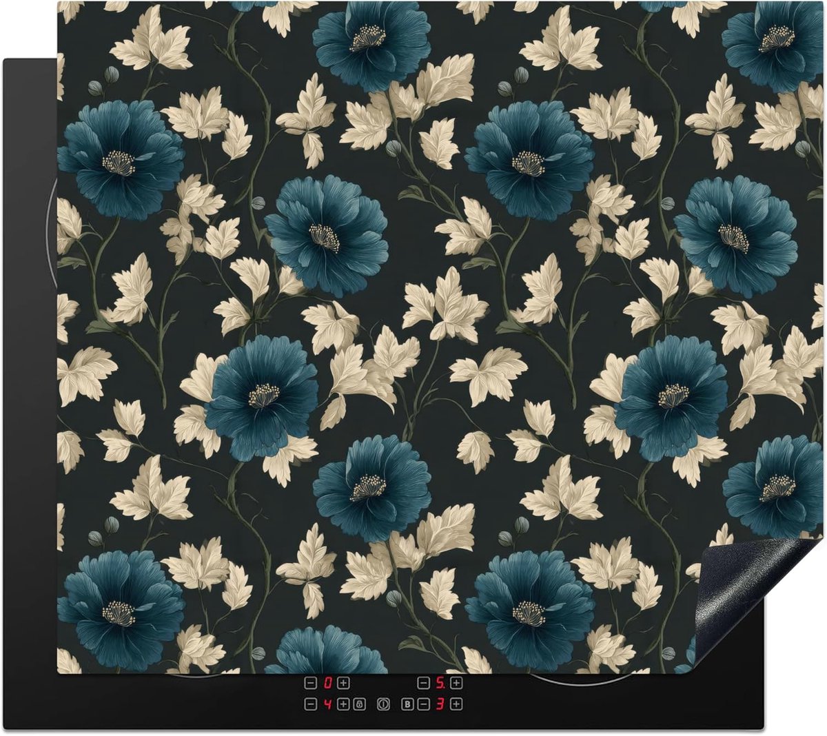 SnelShoppen - Inductiekookplaat Beschermer 60x52cm - Keuken Decoratie - Antislip Mat - Botanisch - Bloemen - Blauw - Ideaal voor Modern en Traditionee