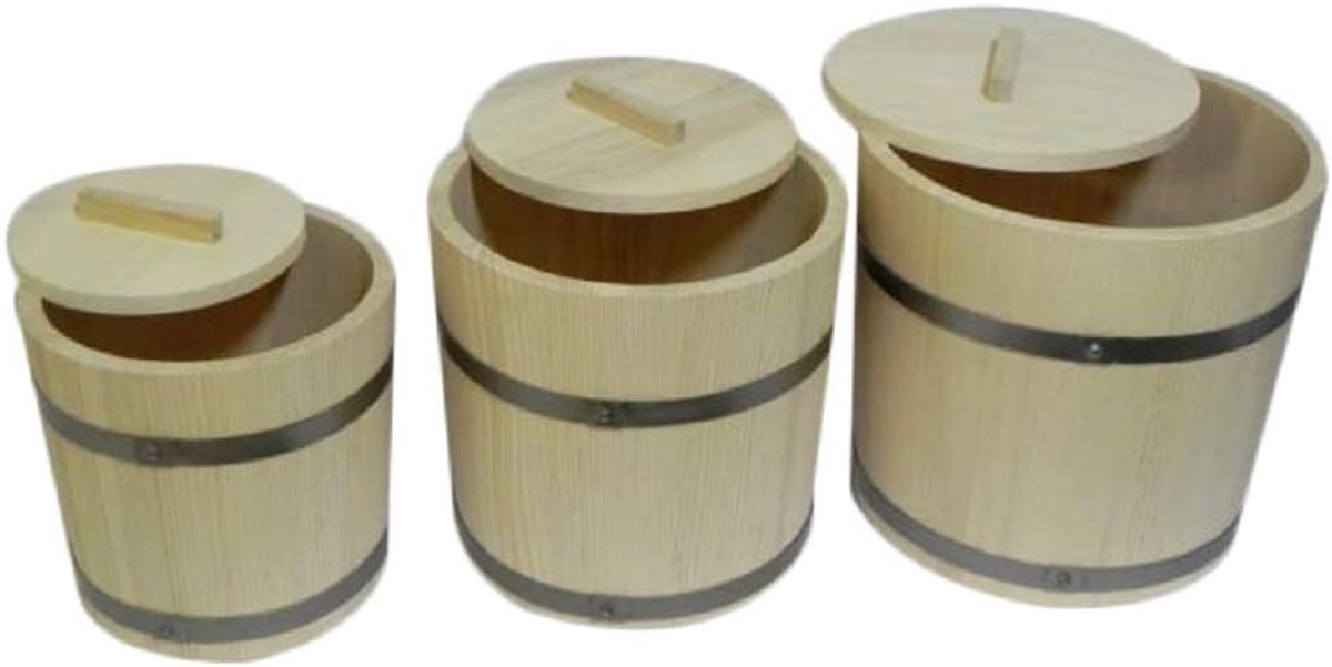 SnelShoppen - Set van 3 Houten Emmers met Deksel 5 10 15 Liter - Ecologische Dennenhouten Opbergemmers voor Sauna, Keuken, Decoratie en DIY Projecten