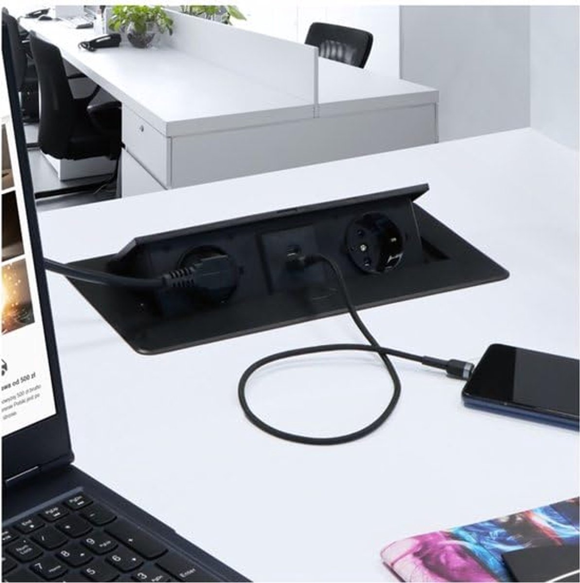 SnelShoppen - Pop-up Stekkerdoos met 2 Stopcontacten en USB & USB-C Poorten, 3 Meter Kabel, Zwart, Ideaal voor Keuken en Werkplek