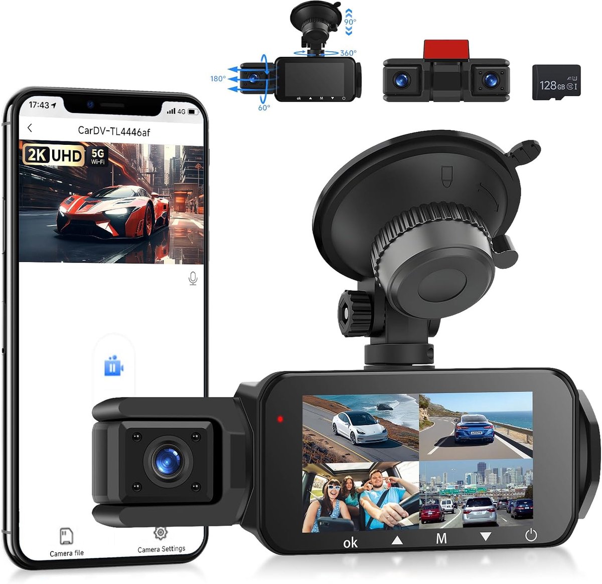 SnelShoppen - VECHTEL 2K WLAN Dashcam Auto met 3 Inch IPS-Display, Nachtzicht, SD 128 GB, G-Sensor, 24 Uur Parkeermodus, Loopopname en Achteruitrijass