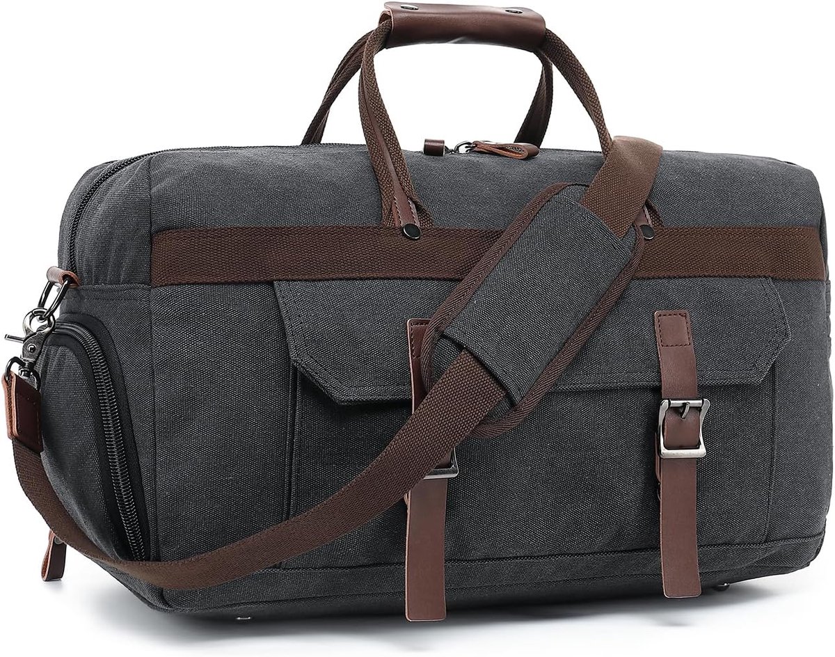 SnelShoppen - Extra Grote Sporttas 36-55L Canvas Uitbreidbaar voor Mannen en Vrouwen, Reis- en Weekendtas met Schoencompartiment en Schouderband, Zwar