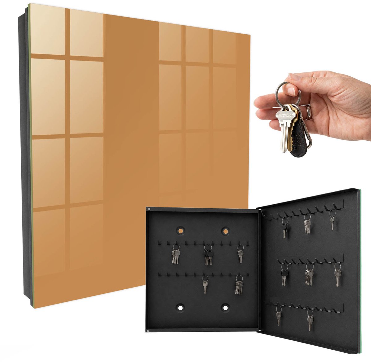 WallMuralia - Sleutelkast - 30x30x5 cm - met 50 haken - Doffe Oranje Sleutelkastje Design - Oranje Sleutelbox - Rechtsopenend - Zwart interieur
