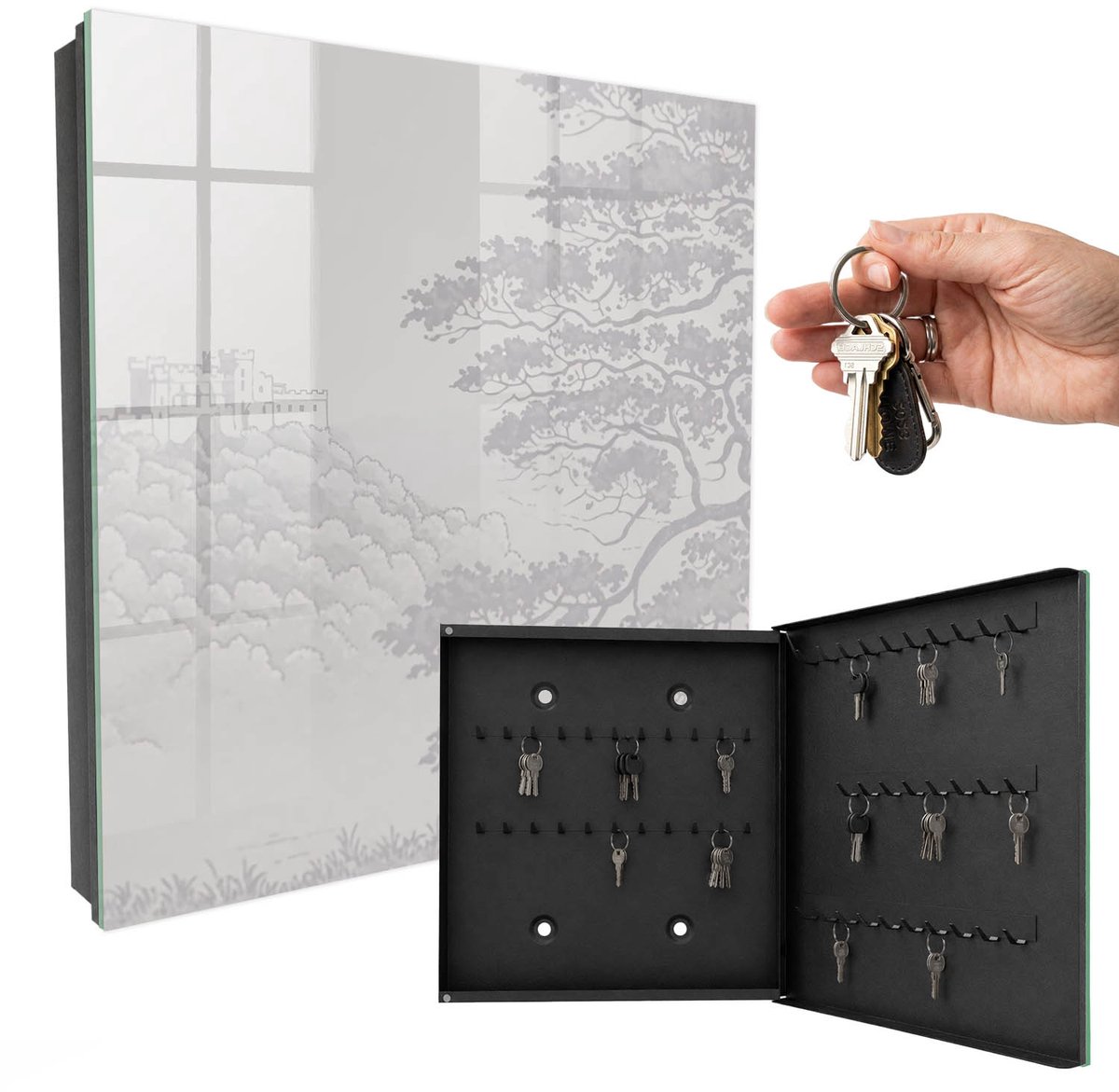 WallMuralia - Sleutelkast - 30x30x5 cm - met 50 haken - Kasteellandschap Sleutelkastje Modern - Grijs Sleutelbox - Rechtsopenend - Zwart interieur