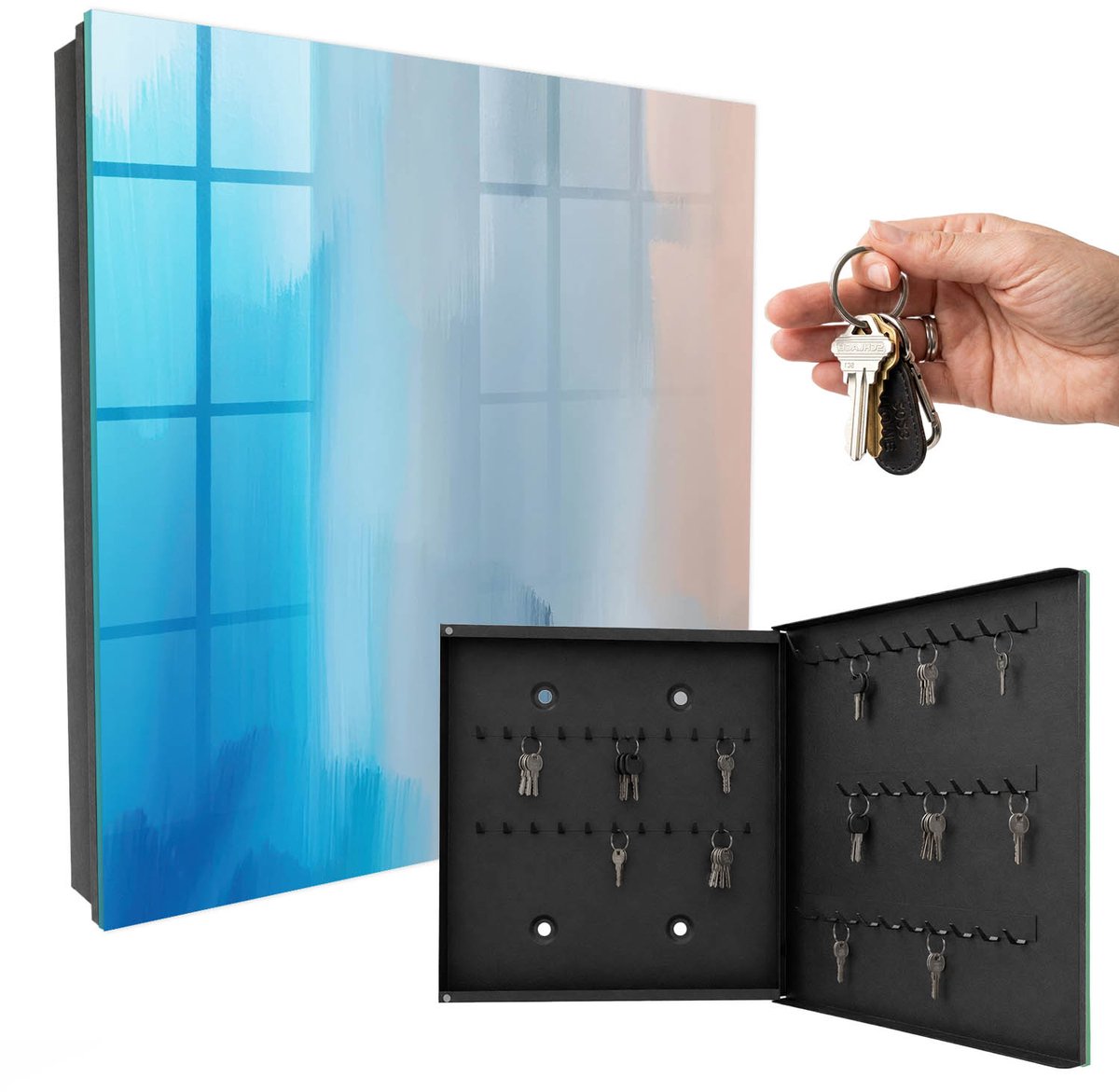 WallMuralia - Sleutelkast - 30x30x5 cm - met 50 haken - Ontspannende Gradiënt Sleutelkastje Landelijk - Blauw Sleutelbox - Rechtsopenend - Zwart interieur