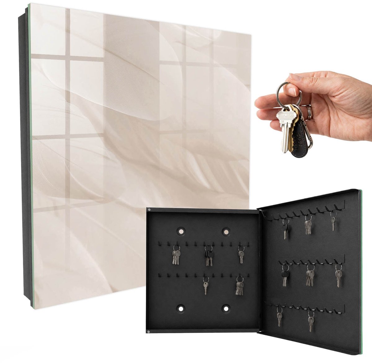 WallMuralia - Sleutelkast - 30x30x5 cm - met 50 haken - Romige Lichtheid Sleutelkastje Binnen - Romig Sleutelbox - Rechtsopenend - Zwart interieur