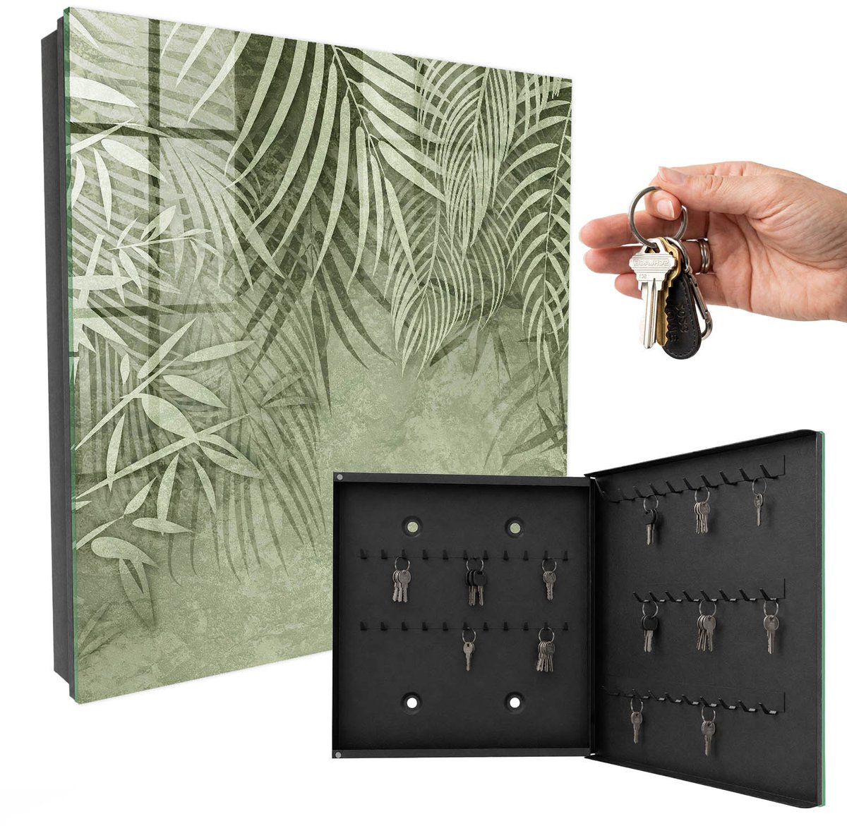 WallMuralia - Sleutelkast - 30x30x5 cm - met 50 haken - Tropisch Patroon Leuk Sleutelkastje - Groente Sleutelbox - Rechtsopenend - Zwart interieur