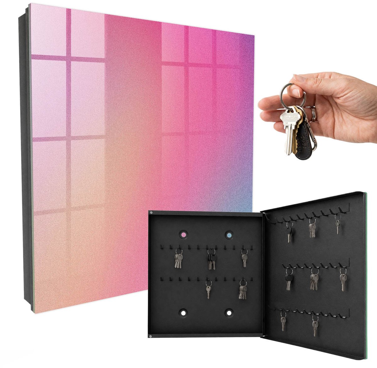 WallMuralia - Sleutelkast - 30x30x5 cm - met 50 haken - Pastelkleurige Overgang Sleutelkastje Binnen - Roze Sleutelbox - Rechtsopenend - Zwart interieur